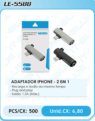 ADAPTADOR IPHONE - 2 EM 1 PCS/CX: 500 Unid.CX: 6,80