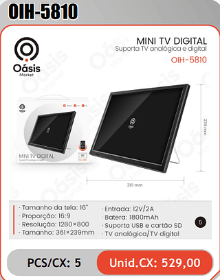 MINI TV DIGITAL Suporta TV analogica e digital PCS/CX: 5 Unid.CX: 529,00