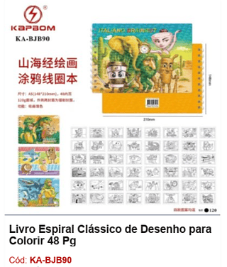 Livro Espiral Clássico de Desenho para Colorir 48 Pg R$ 2,88 PCS/Cx: 120