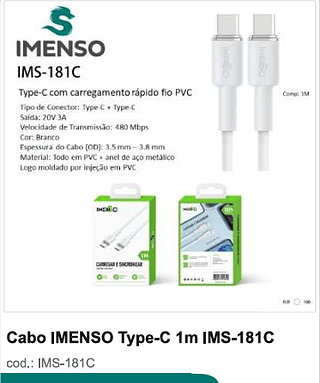 Cabo IMENSO Type-C 1m 100PC/CX R$9