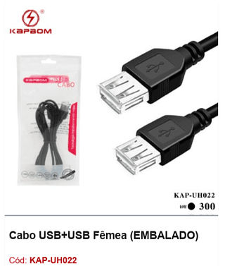 Cabo USB+USB Fêmea R$ 2,7 Pcs/cx:300