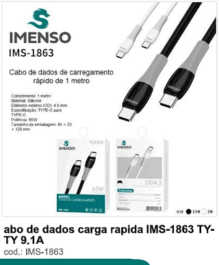 Cabo de dados carga rápida TY-TY 9.1A 200PC/CX R$6,3