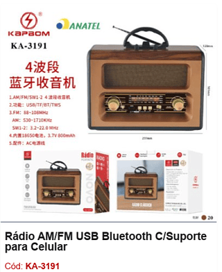 Rádio AM/FM USB Bluetooth C/Suporte para Celular R$103,5 PCS/CX:20