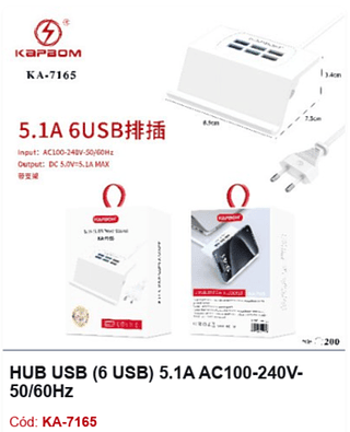 HUB USB (6 USB) 5.1A AC100-240V50/60Hz R$ 7,2 PCS/Cx:200