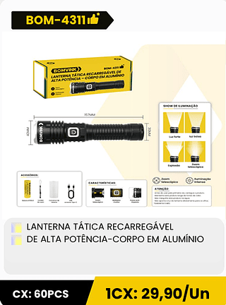 LANTERNA TÁTICA RECARREGÁVEL DE ALTA POTÊNCIA-CORPO EM ALUMÍNIO CX: 60PCS 1CX: 29,90/Un