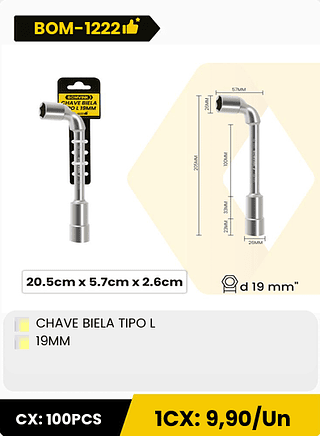 CHAVE BIELA TIPO L 19MM CX: 100PCS 1CX: 9,90/Un