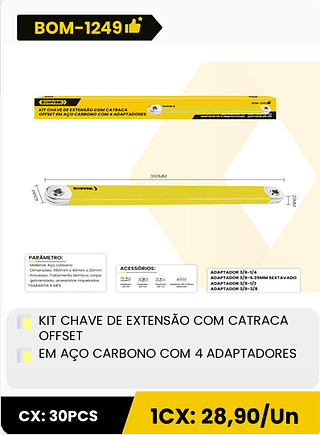 KIT CHAVE DE EXTENSAO COM CATRACA OFFSET EM AÇO CARBONO COM 4 ADAPTADORES CX: 30PCS 1CX: 28,90/Un