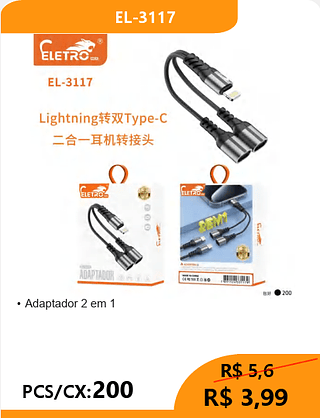 Adaptador 2 em 1 PCS/CX:200 R$3,99