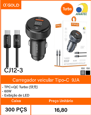 Carregador veicular Tipo-C 9.1A Caixa 300 PCS Preco Unitario 16,80