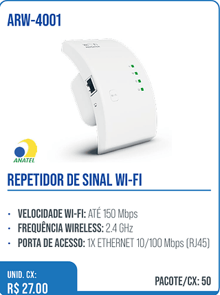 REPETIDOR DE SINAL WI-FI UNID. CX: R$ 27.00 PACOTE/CX: 50