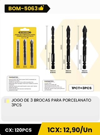 JOGO DE 3 BROCAS PARA PORCELANATO 3PCS CX: 120PCS 1CX: 12,90/Un