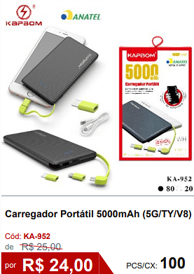 Carregador Portátil 5000mAh (5G/TY/V8) R$ 21.60 PCS/CX: 100