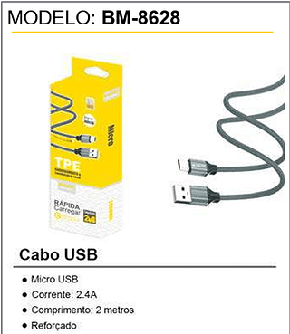 Cabo USB V8 2 metros 250PCS/CX Unid.CX: 3,60