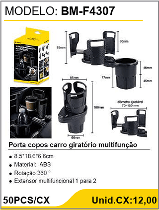 Porta copos carro giratório multifunção 50PCS/CX Unid.CX:12,00