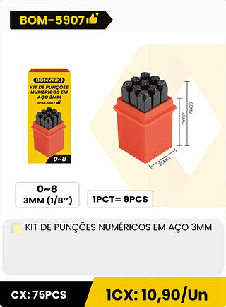 KIT DE PUNÇÕES NUMÉRICOS EM AÇO 3MM CX: 75PCS 1CX: 10,90/Un