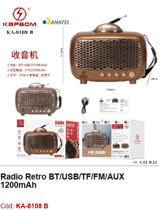 Radio Retro BT/USB/TF/FM/AUX 1200mAh R$41,4 PCS/cx:45