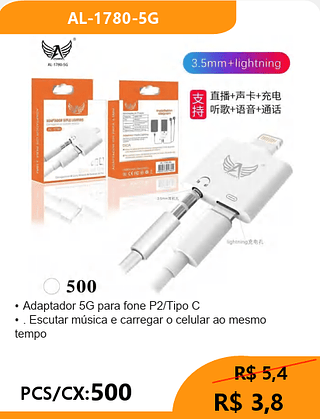 Adaptador 5G para fone P2/Tipo C PCS/CX:500 R$ 3,8