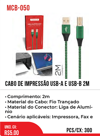 Cabo De Impressão USB-A E USB-B 2m 300pç=5$