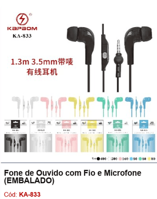 Fone de Ouvido com Fio e Microfone R$1,62 PCS/Cx:1000