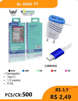 Carregador TIPO-C PCS/CX:500 R$ 2,49
