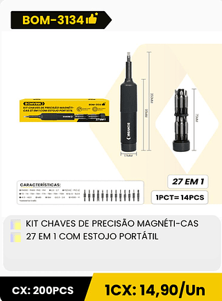 KIT CHAVES DE PRECISÃO MAGNÉTI-CAS 27 EM 1 COM ESTOJO PORTÁTIL CX: 200PCS 1CX: 14,90/Un