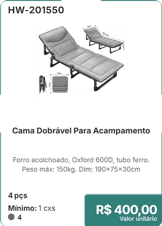 Cama Dobrável Para Acampamento 4 pçs R$ 400.00
