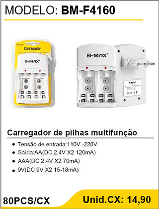 Carregador de pilhas multifunção 80PCS/CX Unid.CX: 14,90