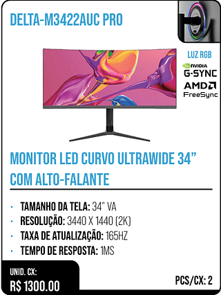 MONITOR LED CURVO ULTRAWIDE 34” COM ALTO-FALANTE UNID. CX: R$ 1300.00 PCS/CX: 2