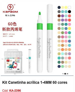 Kit Canetinha acrílica 1-4MM 60 cores R$ 18 PCS/CX: 30