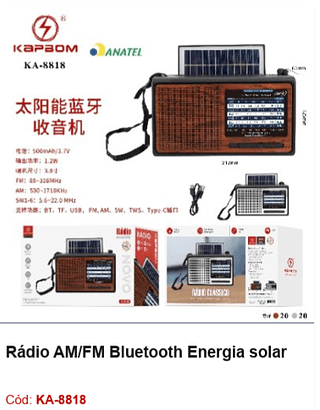Rádio AM/FM Bluetooth Energia solar R$47,7 PCS/CX:40