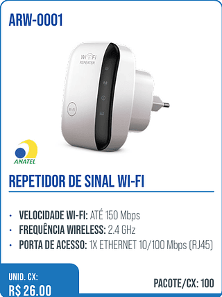 REPETIDOR DE SINAL WI-FI UNID. CX: R$ 26.00 PACOTE/CX: 100