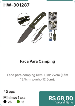 Faca Para Camping 40 pçs R$ 68,00