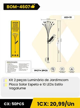 Kit 2 peças Luminaria de Jardimcom Placa Solar Espeto e 10 LEDs Estilo Vagalume CX: 50PCS 1CX: 20,99/Un