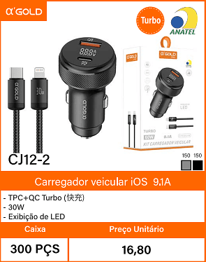 Carregador veicular iOS9.1A Caixa 300 PCS Preco Unitario 16,80