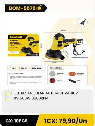 POLITRIZ ANGULAR AUTOMOTIVA 110V 110V 600W 3600RPM CX: 10PCS 1CX: 79,90/Un