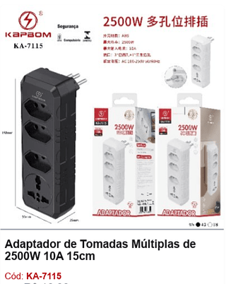 Adaptador de Tomadas Múltiplas de 2500W 10A 15cm R$ 13,5 PCS/CX: 60