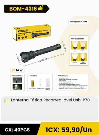 Lanterna Tática Recarreg-ável Usb-P70 CX: 40PCS 1CX: 59,90/Un
