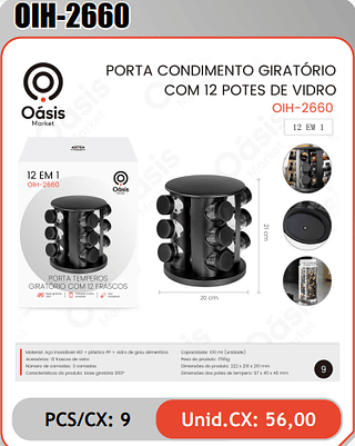 PORTA CONDIMENTO GIRATORIOCOM 12 POTES DE VIDRO PCS/CX:9 Unid.CX: 56,00