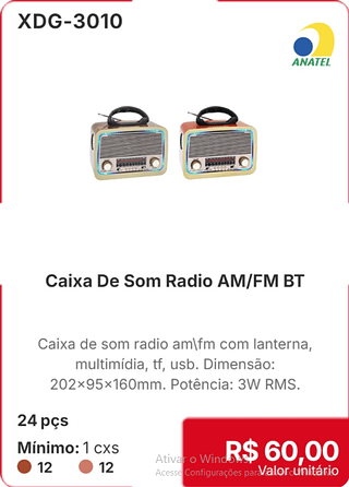 Caixa De Som Radio AM/FM BT 24 pçs R$ 60.00