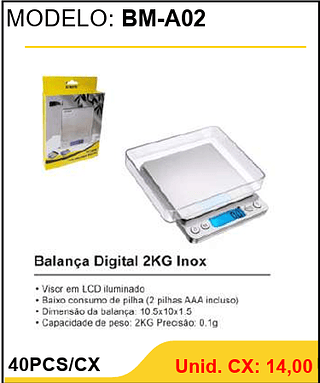 Balança Digital 2KG Inox 40PCS/CX Unid. CX: 14,00