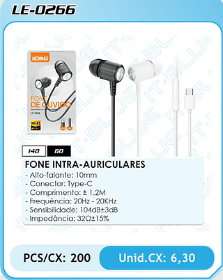 FONE INTRA-AURICULARES - Alto-falante: 10mm - Conector: Type-C - Comprimento: ± 1,2M - Frequência: 20Hz - 20KHz - Sensibilidade: 104dB±3dB - Impedância: 320±15% PCS/CX: 200 Unid.CX: 6,30