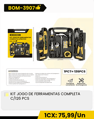 KIT JOGO DE FERRAMENTAS COMPLETA C/126 PCS CX: 10PCS 1CX: 75,99/Un
