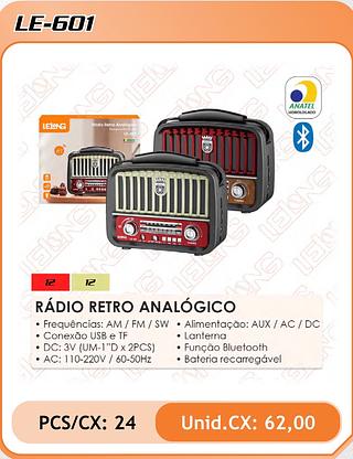 RÁDIO RETRO ANALÓGICO • Frequências: AM / FM / SW • Alimentação: AUX / AC / DC • Conexão USB e TF • Lanterna • DC: 3V (UM-1"D x 2PCS) • Função Bluetooth • AC: 110-220V / 60-50Hz • Bateria recarregável24pç=62$