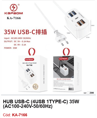HUB USB-C (4USB 1TYPE-C) 35W (AC100-240V-50/60Hz) R$ 7,2 PCS/cx:200