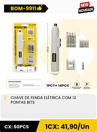 CHAVE DE FENDA ELÉTRICA COM 12 PONTAS BITS CX: 60PCS 1CX: 41,90/Un