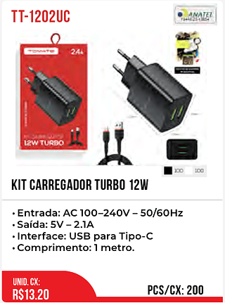 KIT CARREGADOR TURBO 12W PARA Tipo-C 200pç=13,2$