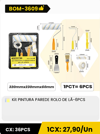 KIT PINTURA PAREDE ROLO DE LÃ-6PCS CX: 36PCS 1CX: 27,90/Un