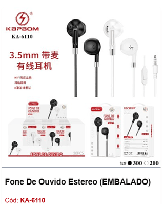 Fone De Ouvido Estereo R$2,79 PCS/CX:500