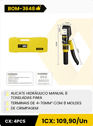 ALICATE HIDRÁULICO MANUAL 8 TONELADAS PARA TERMINAIS DE 4-70MM2 COM 8 MOLDES DE CRIMPAGEM CX: 4PCS 1CX: 109,90/Un