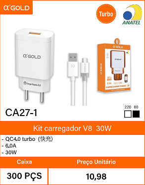 Kit carregador V8 30W Caixa 300 PCS Preco Unitario 10,98
